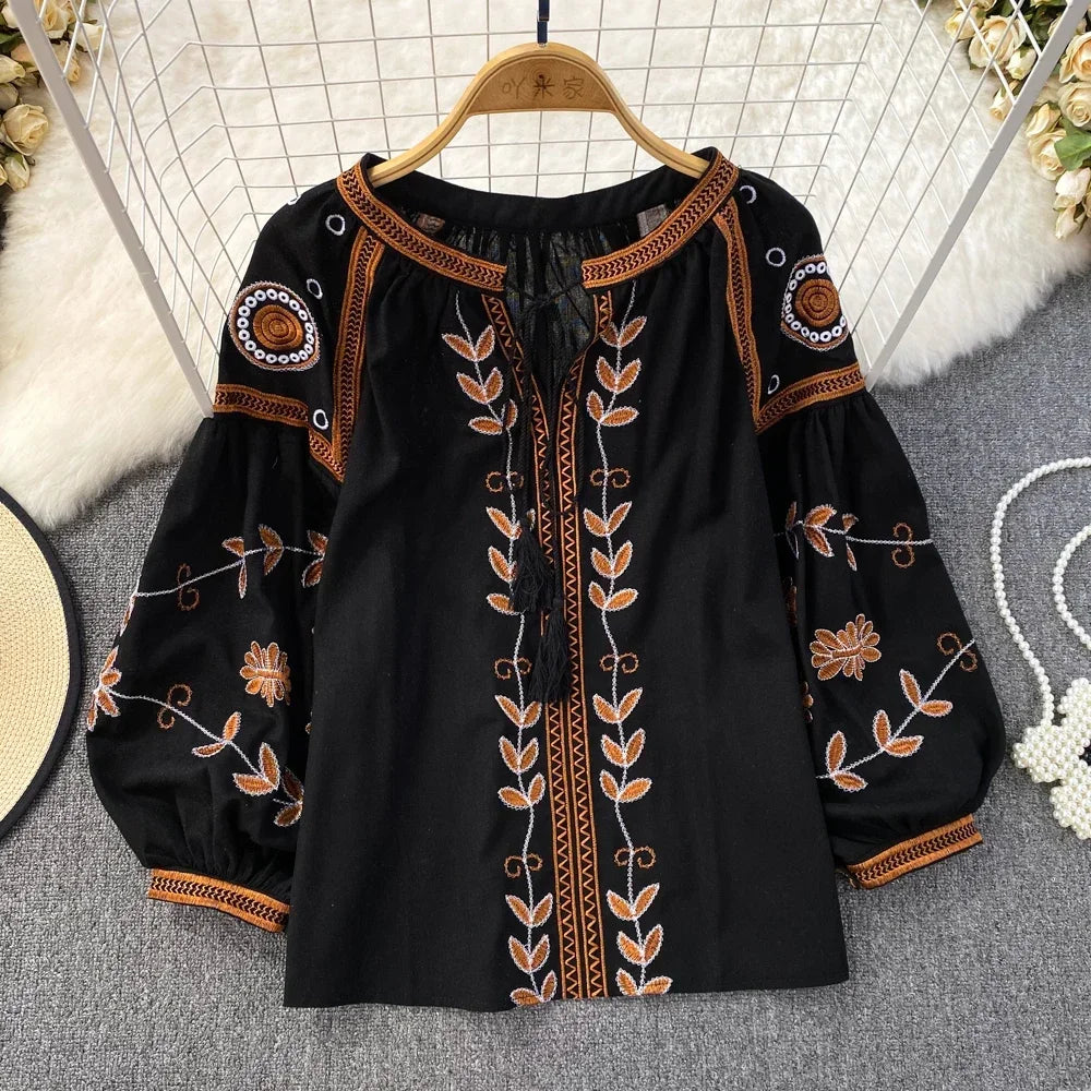 Blusa Mujer O-neck Floral Embroidery Lantern Sleeve Spring and Autumn Blouse Women 2023 Loose Camisas Ethnic Style Wholesale