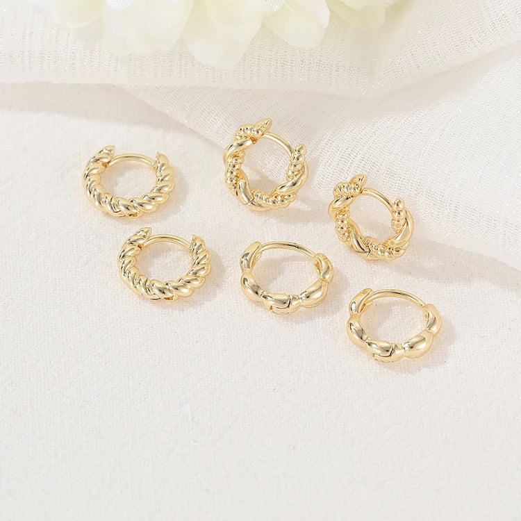 Wholesale Fashion Brass 14K Gold Plated Personalized Small Beaded Round Twisted Hoop Earring Women's Jewelry Huggie Earrings