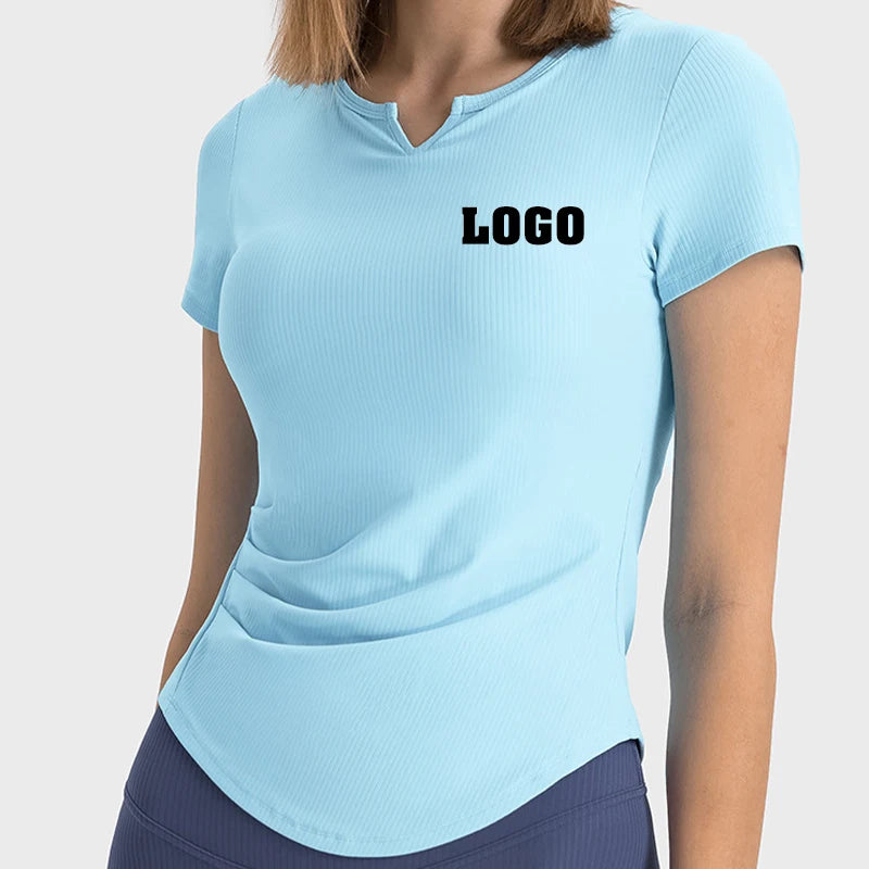 Hot Sale Custom Logo Ribbed Built in Bra Slim Fit Short Sleeve Breathable Quick Dry Gym Yoga Sports Wear T-Shirt for Women