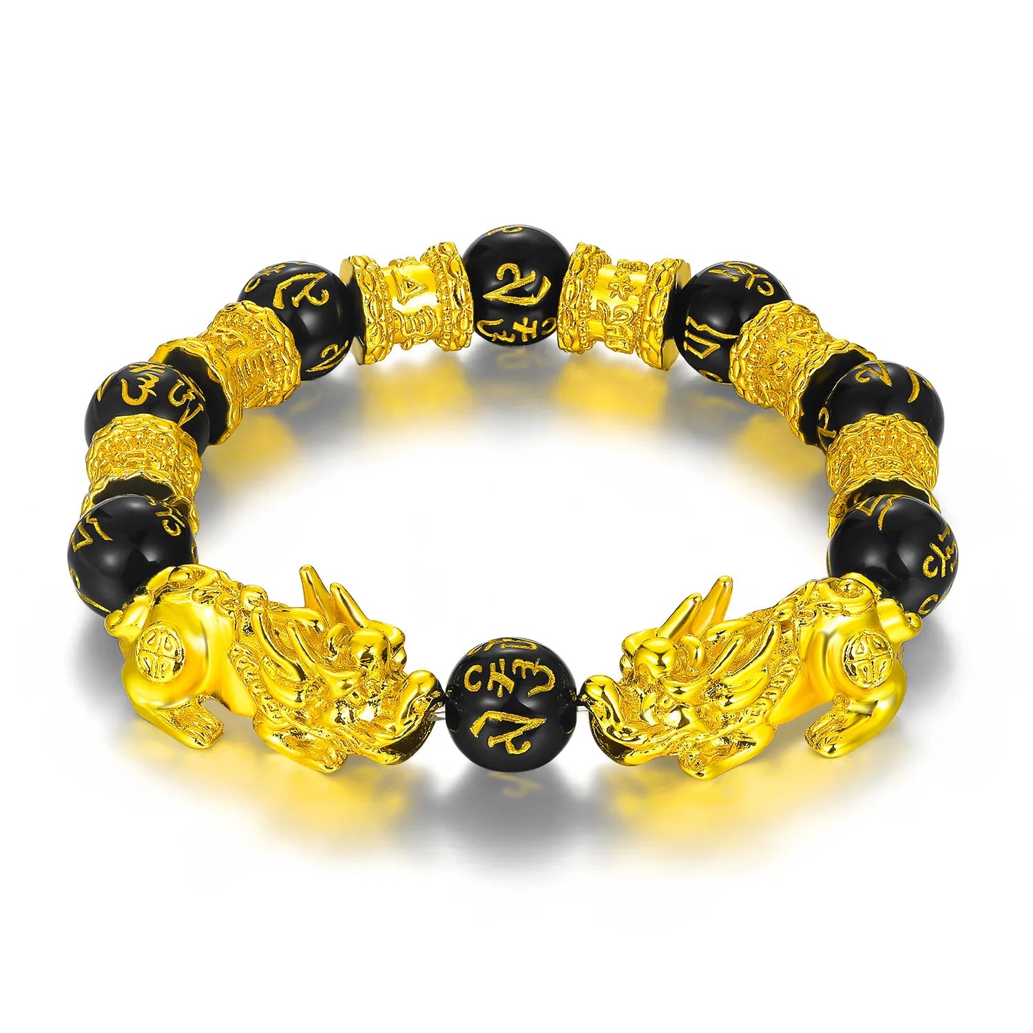 Trendy Gold Plated Charm Buddha Mantra Good Lucky Fortune Wealth Black Obsidian Beads Piyao Feng Shui Pixiu Bracelet Jewelry