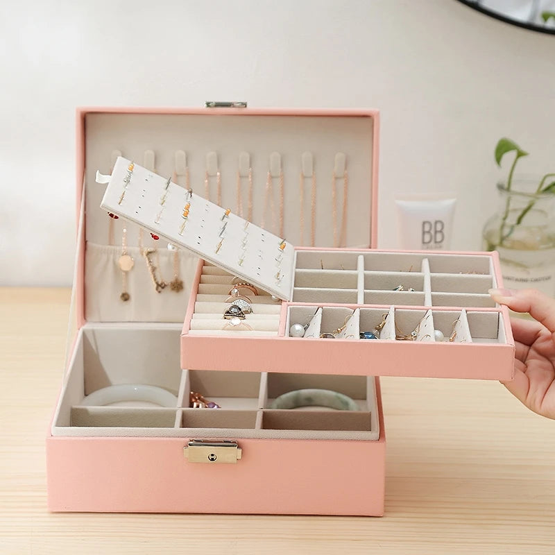 Leather Display Jewellery Holder for Girls with 2 Layer Large Jewelry Storage Case and Removable Tray for Necklace Earrings Ring