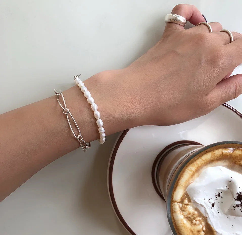 VIANRLA 925 Sterling Silver Dainty Freshwater Pearl Bracelet in Silver Color