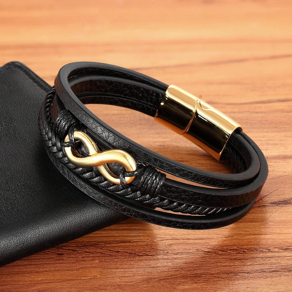 Cross Style Multi Layer Design Stainless Steel Fashion Men's Leather Bracelet Classic Gift for Men 5 Different Styles Choose