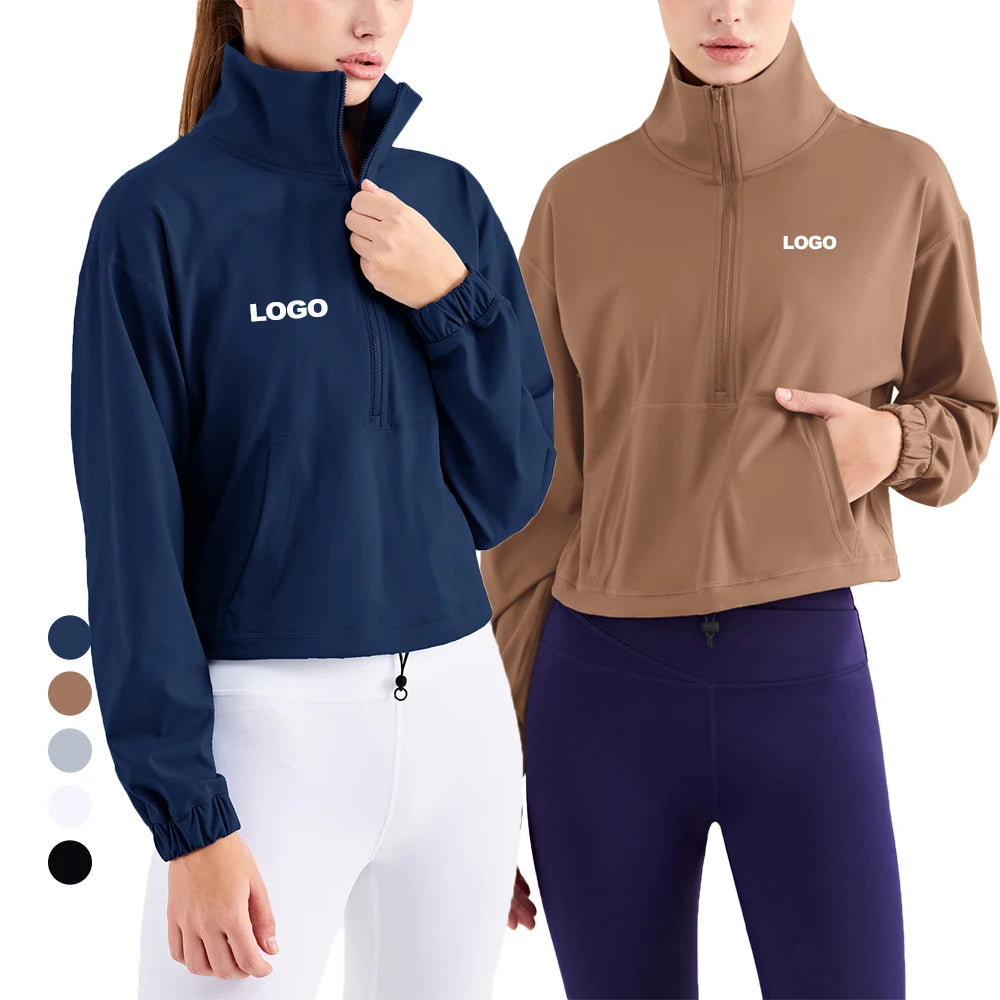 JY Fitness Women Sports Jacket Top High Collar Half Zipper Loose Pocket Long Sleeve Yoga Shirt Gym Coat Comprehensive Training