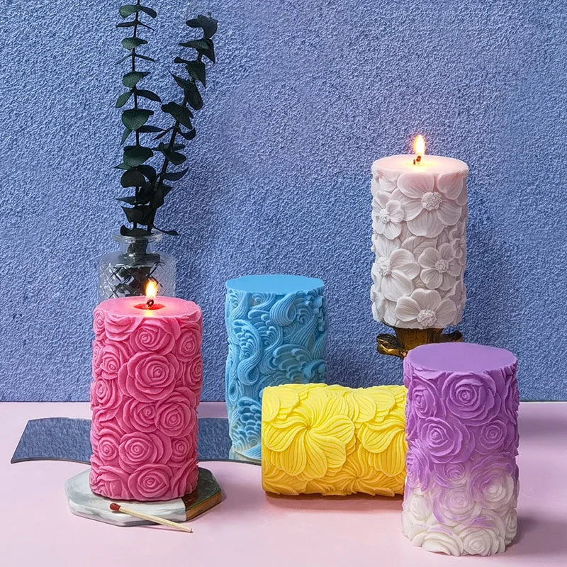 Rose Flower Cylinder Silicone Candle Mold Wave Embossed Scented Candle Mold