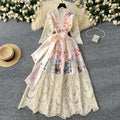 LW0988 Elegant Senior Sense Strap Waist Waist V-Neck Print Splicing Lace Swing Long Dress 2025 Spring Loose Dress for Ladies