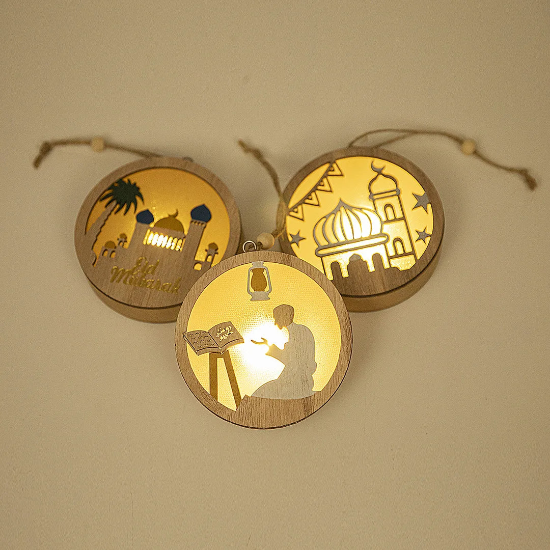 New Creative Wooden Festive Lighted Charm LED Pendant for  Home Muslim Ornament Gift Decoration Eid Party Decoration