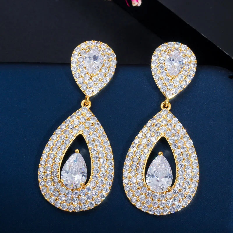 Top Quality Big Tear Drop Shiny Cubic Zirconia Stone 585 Gold Filled Long Dangle Drop Pendant Earrings for Women Wedding Jewelry