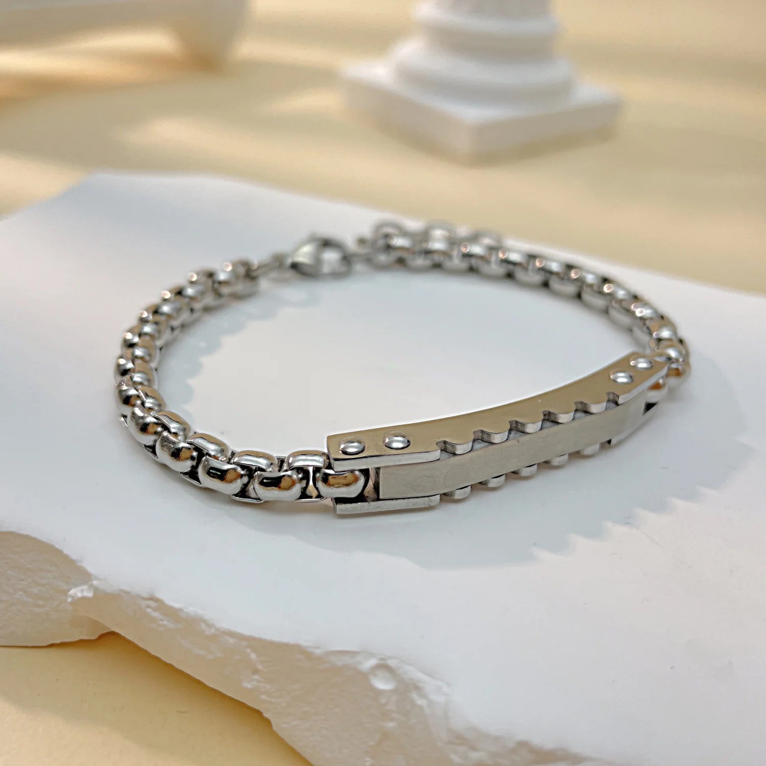 Premium Quality Wholesale Punk Rectangle Chunky Chain Bracelet Silver Plated Stainless Steel Smooth Square Nameplate Bracelet