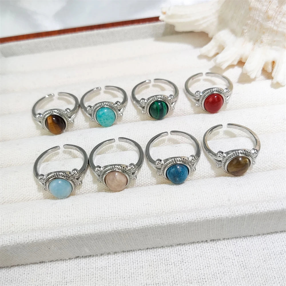 2024 New Arrivals Natural Gemstone Tiger Eye Rose Quartz Blue Kyanite Ring Crystal Labradorite Silver Ring Jewelry for Women