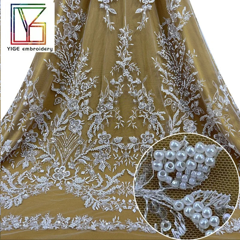 Women Pearls Beaded Lace Fabrics With Sequins Heavy Embroidery French Tulle Net Lace for Wedding Bridal Dress
