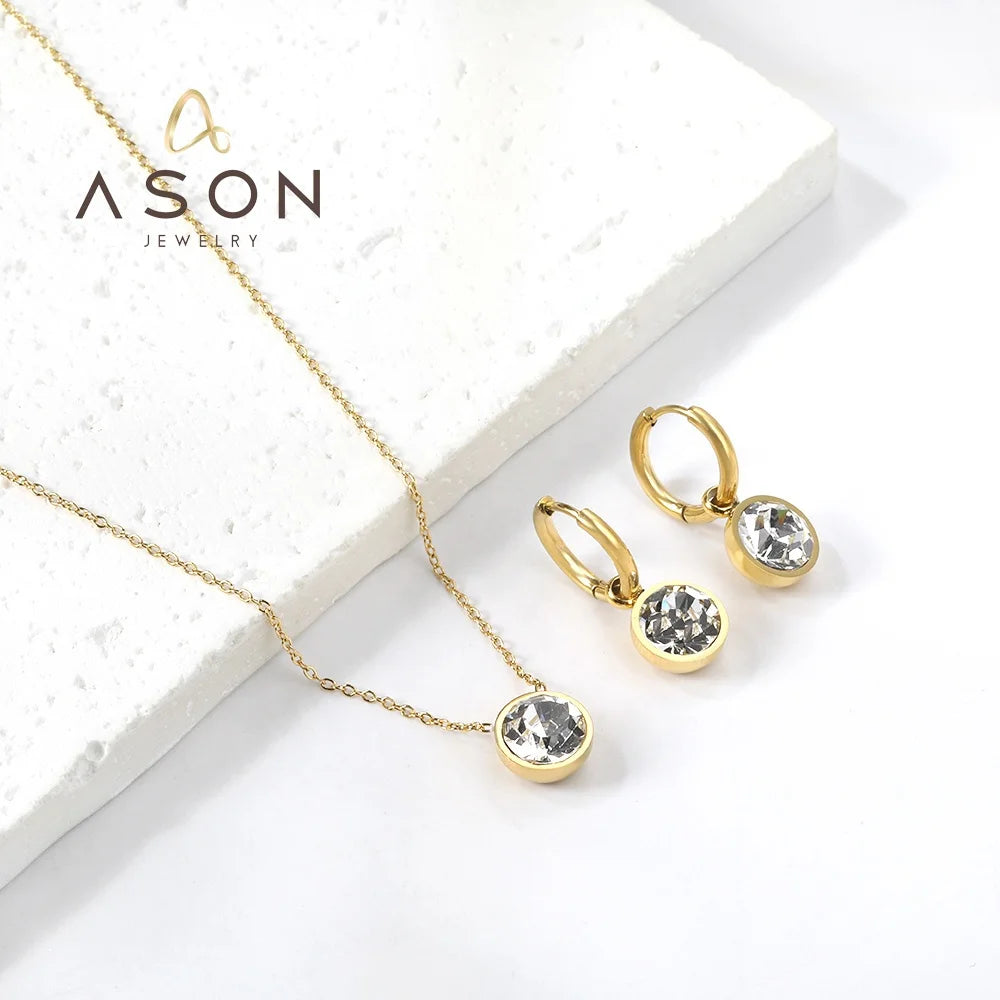 Ason Fashion Stainless Steel 18K Gold Plated Bridal Jewelry Sets Round Zircon Necklace Hoop Earrings Women Crystal Jewelry Sets