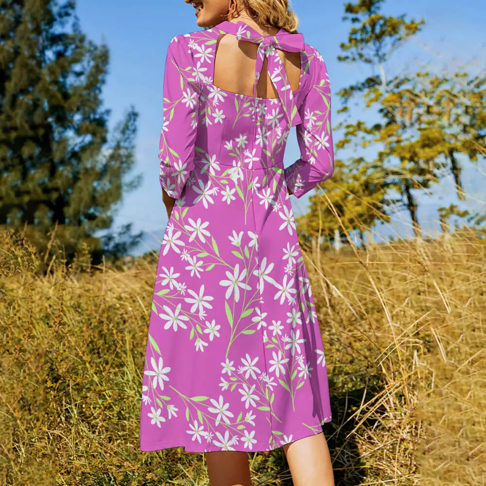 Print on Demand Sweet Simple A-line Dress With Natural Square Neck High Waist Mid Sleeve Polyester Digital Printing