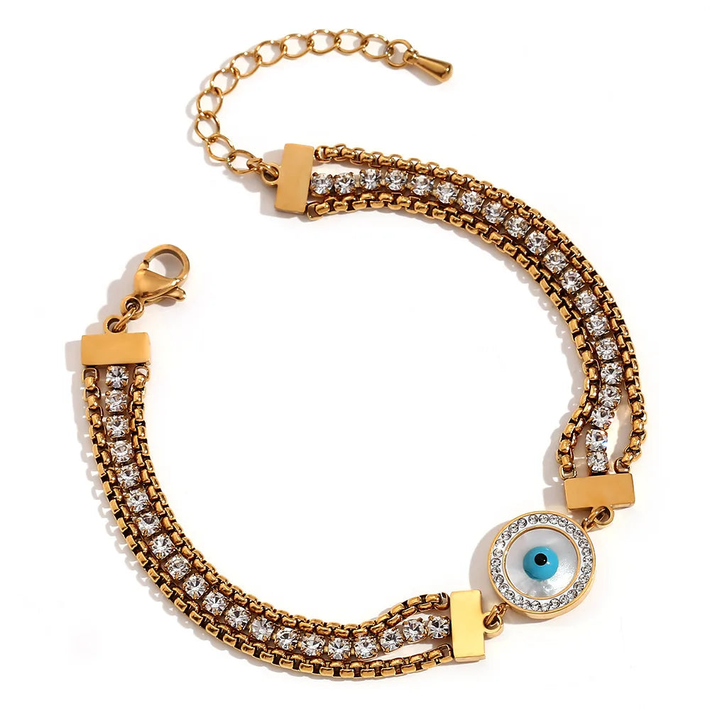 Hot Fashion Fine Charm Jewelry Women Men Stainless Steel Plated 18K Gold Round Eyes Zircon Three Layer Chain Bracelet Female