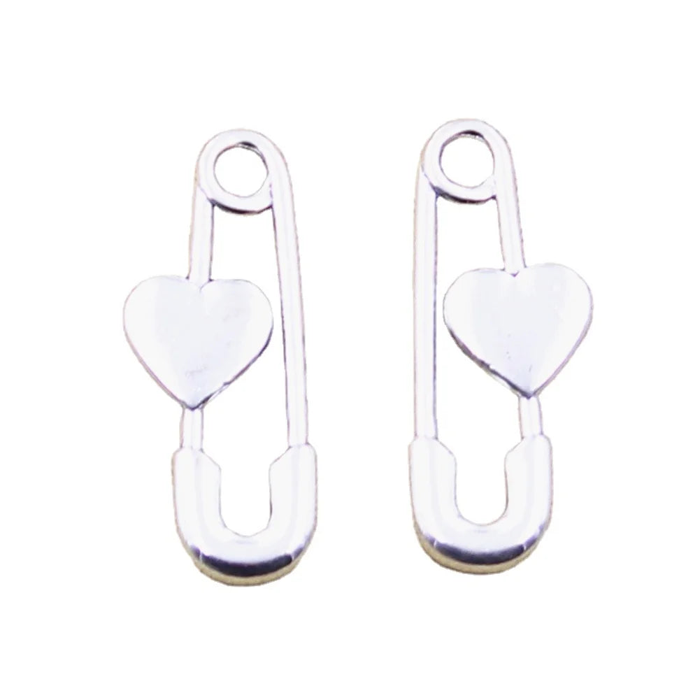 Can't Opened Pin Brooch With Heart Charms Antique Silver Color Alloy Charms Pendant for Jewelry Making 30x12MM