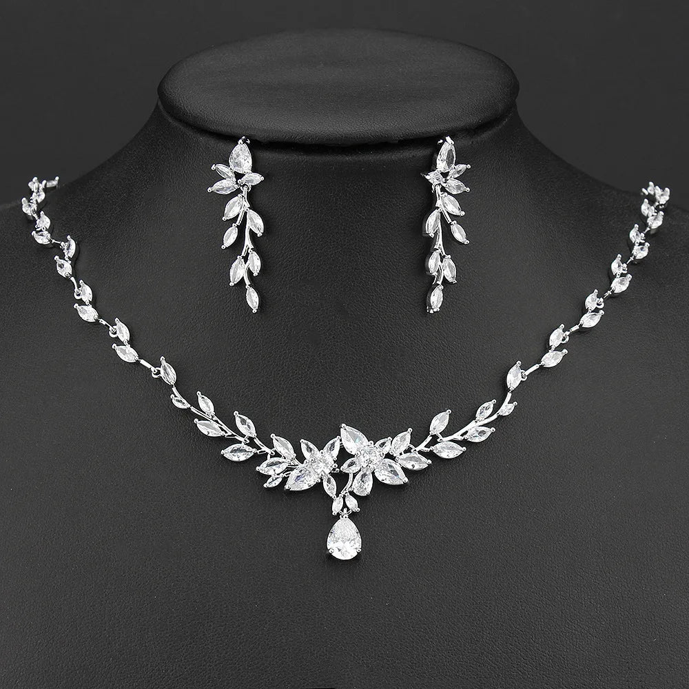 SLBRIDAL Luxury Sparkling Tree Branch Style Bridal Cubic Zircon Necklace Earring Set Wedding CZ Jewelry Set Women Prom Jewelry
