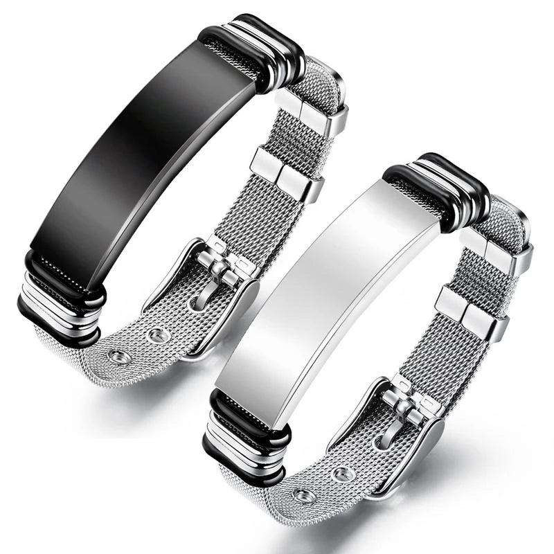 Custom Men's Stainless Steel Blank Bar Bracelet Waterproof Adjustable Watch Mesh Belt with Classic Geometric Style for Engraving