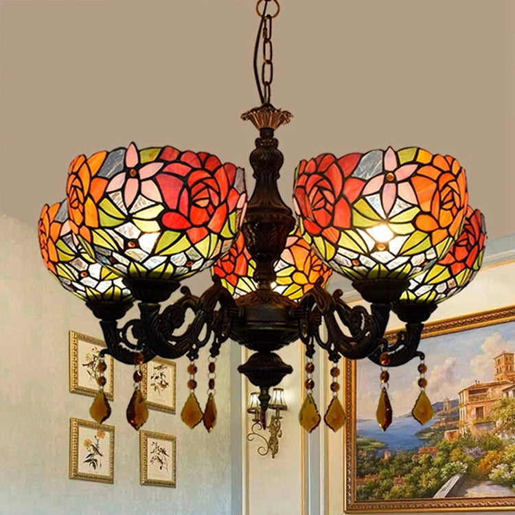 Tiffany Style Chandelier 5 Lights Stained Glass Pendant Light Fixture Antique Ceiling Light for Living Room Dining Room Kitchen
