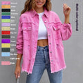 Women's Loose Denim Jacket Solid Color Long-Sleeved with Single Button Closure Ripped Style