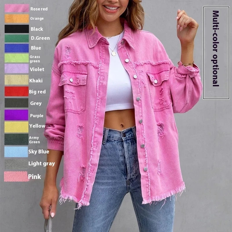 Women's Loose Denim Jacket Solid Color Long-Sleeved with Single Button Closure Ripped Style