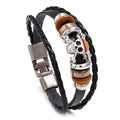 Handmade Black Leather Punk Skull Skeleton Charms Bracelet Fashion Wrap Wristband for Students