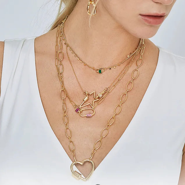 Custom Women Trendy CZ Micro Pave Zircon Gold Screw Clasp Carabiner Lock Cable Chain Necklace