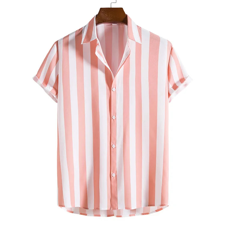 New Men's Fashion Casual Holiday Breathable Single Breasted Short Sleeve Printed Striped Shirt