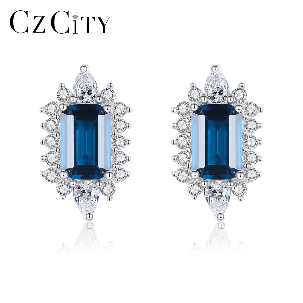 CZCITY Oval Flower Dark Blue Gemstone Earring 925 Sterling Silver Handmade Earrings for Party Women MegaBDM