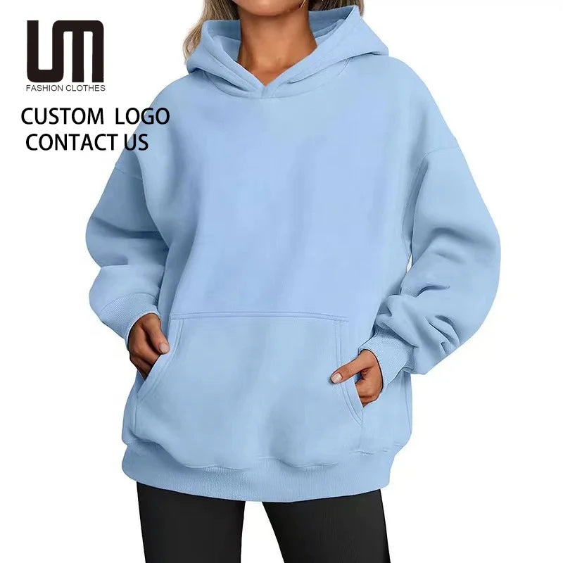 OEM Wholesale Women New Casual Hooded Sweatshirt Long Sleeve Loose Fit Solid Color Pocket Pullover Autumn Winter Tops