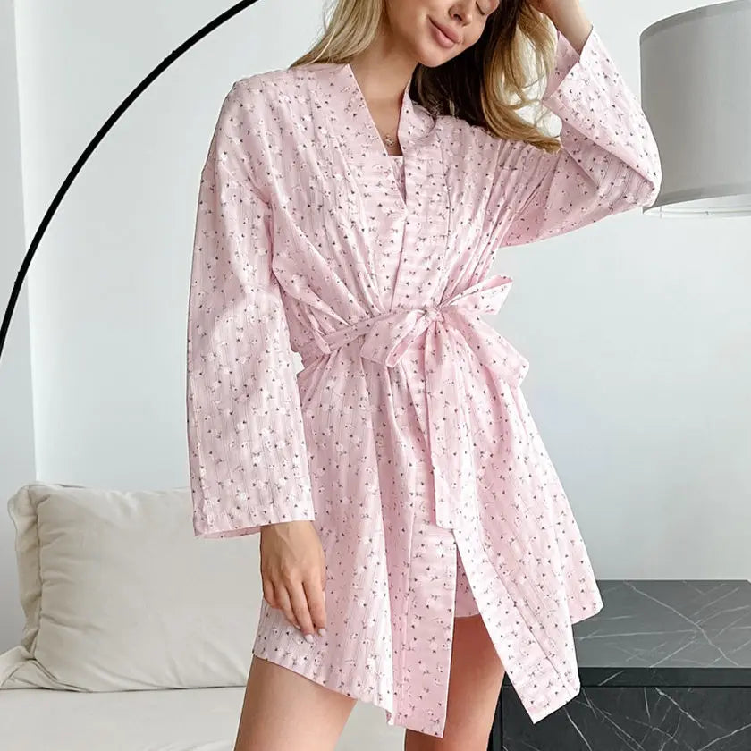 Enyami Pajamas Cotton Turn Down Full Sleeves Top Underwear Shorts 3 Pieces Sets Pajama Homewear Elegant Women Suit