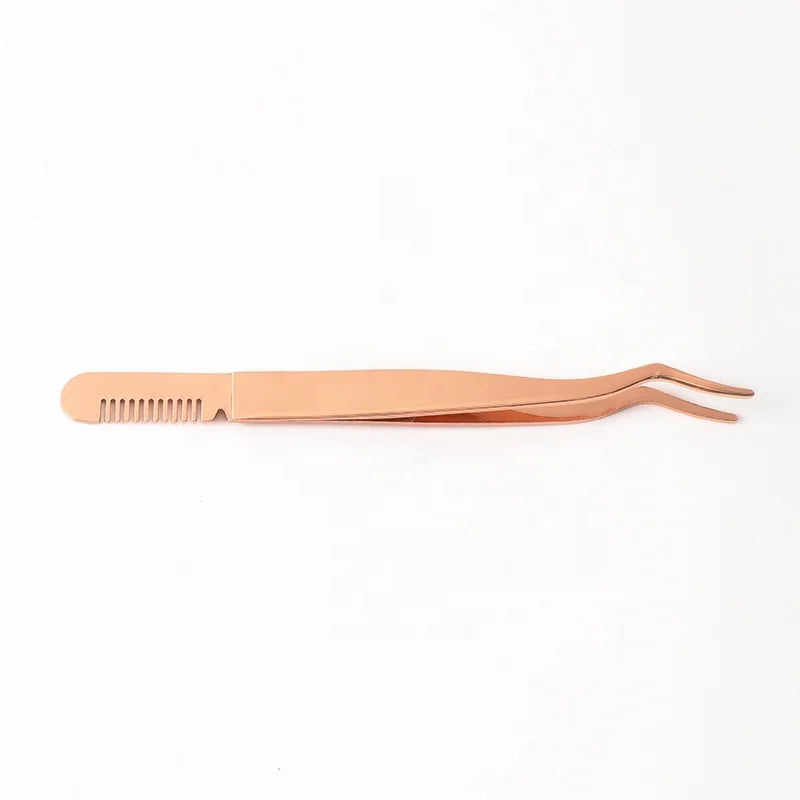 Wholesale Best Price Gold Stainless Steel Slanted Tip Tweezers Custom Private Label Lash Tweezers with Comb for Women