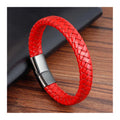 Colorful Braided Leather Bracelet Red Blue Black Leather Jewelry Bangle with Pvd Black Stainless Steel Magnetic Clasp
