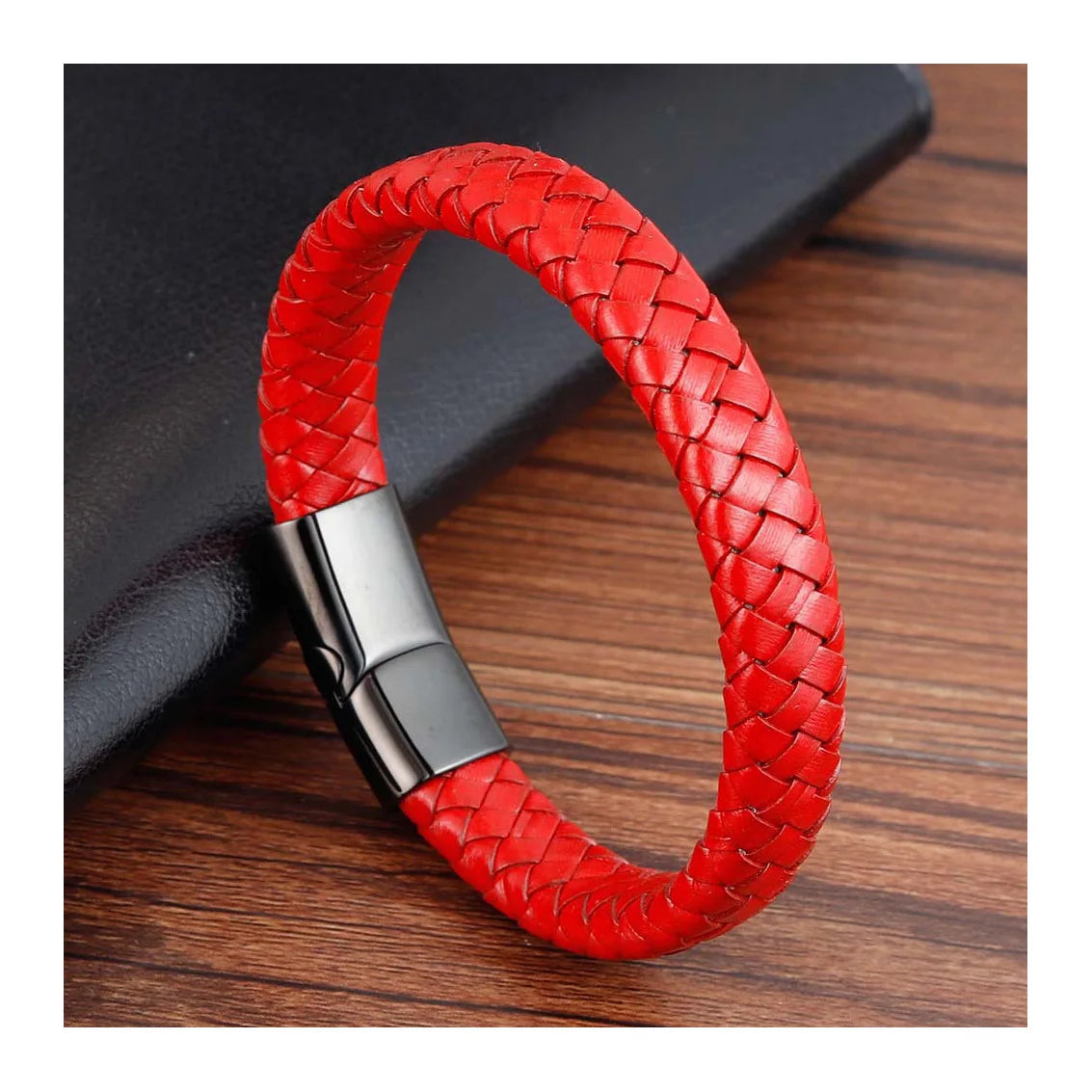 Colorful Braided Leather Bracelet Red Blue Black Leather Jewelry Bangle with Pvd Black Stainless Steel Magnetic Clasp