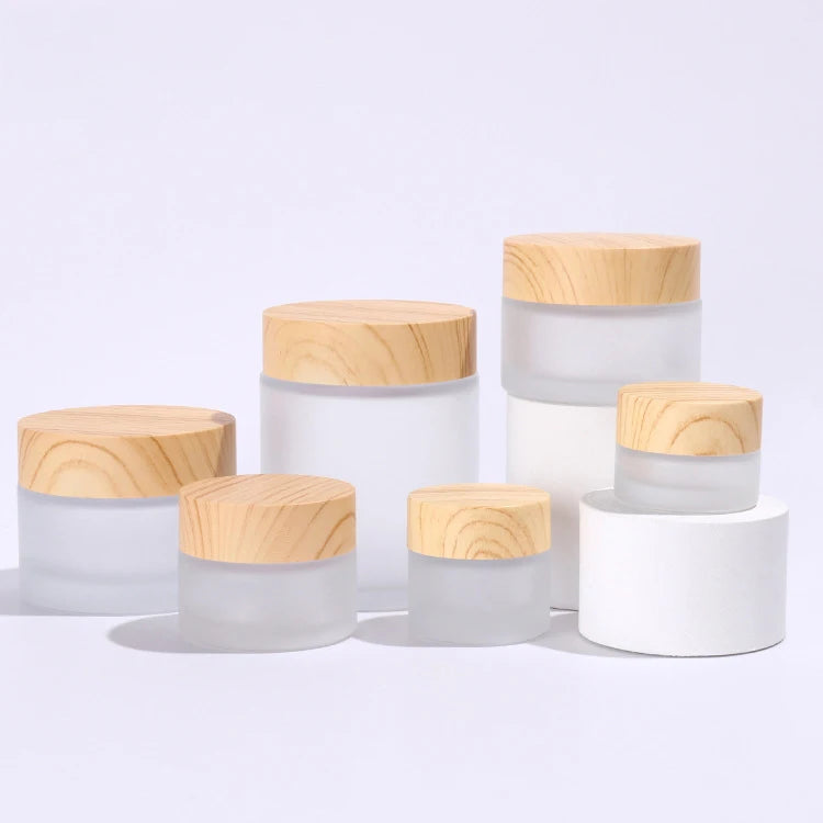 Empty Frosted Glass Cream Bottles Vials Lotion Jars Cosmetic Storage Comtainers Cream Box Pot with Wood Grain Lid & Inner Liners