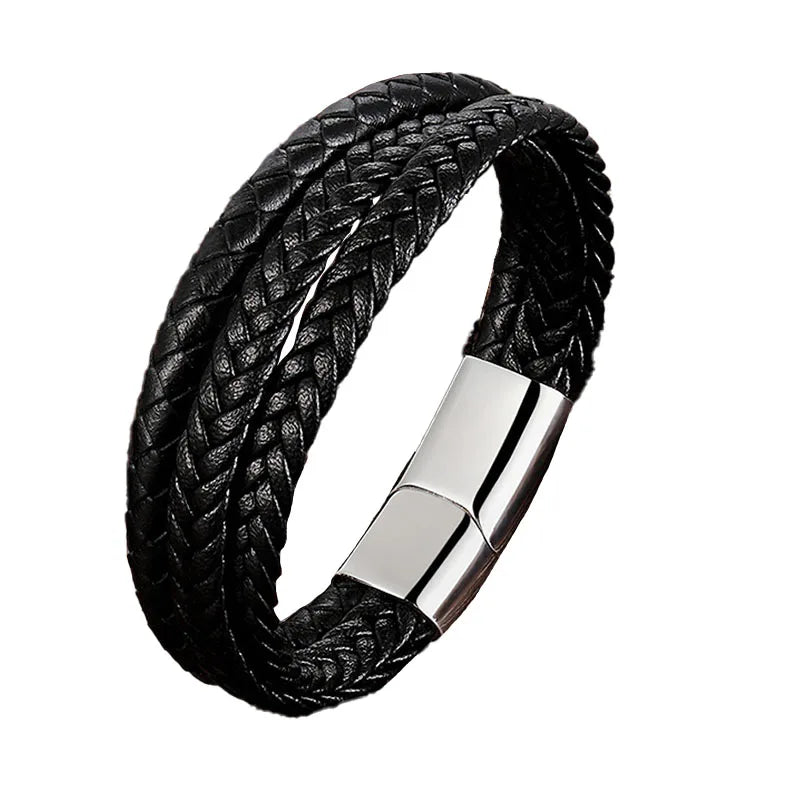 2024 Trendy Men's Cowhide Bracelet Stainless Steel Magnetic Buckle Woven Rope Fashion Jewellery Classic Style Christian