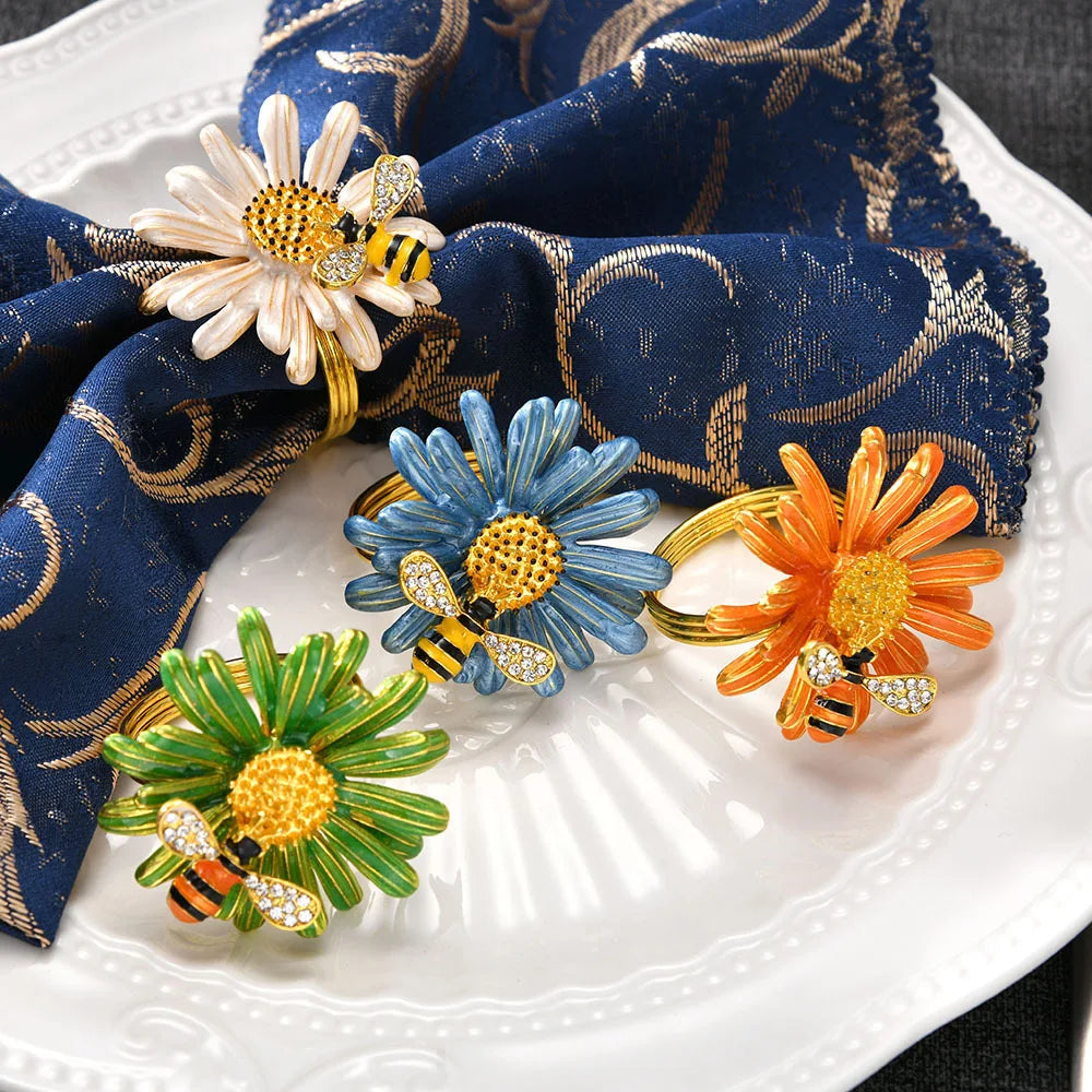 Daisy Sunflower Napkin Rings Bee Napkin Ring Holders for Formal or Casual Dinning Table Decor Farmhouse Fall Metal Plating