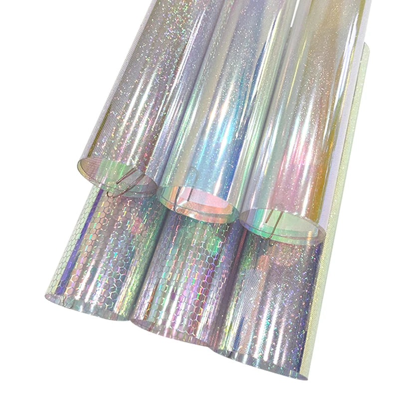 Dot/Hexagon Pattern Printed Blue and Pink Color Reflective Holographic Iridescent TPU Transparent Film Fabric for Bag/Shoe