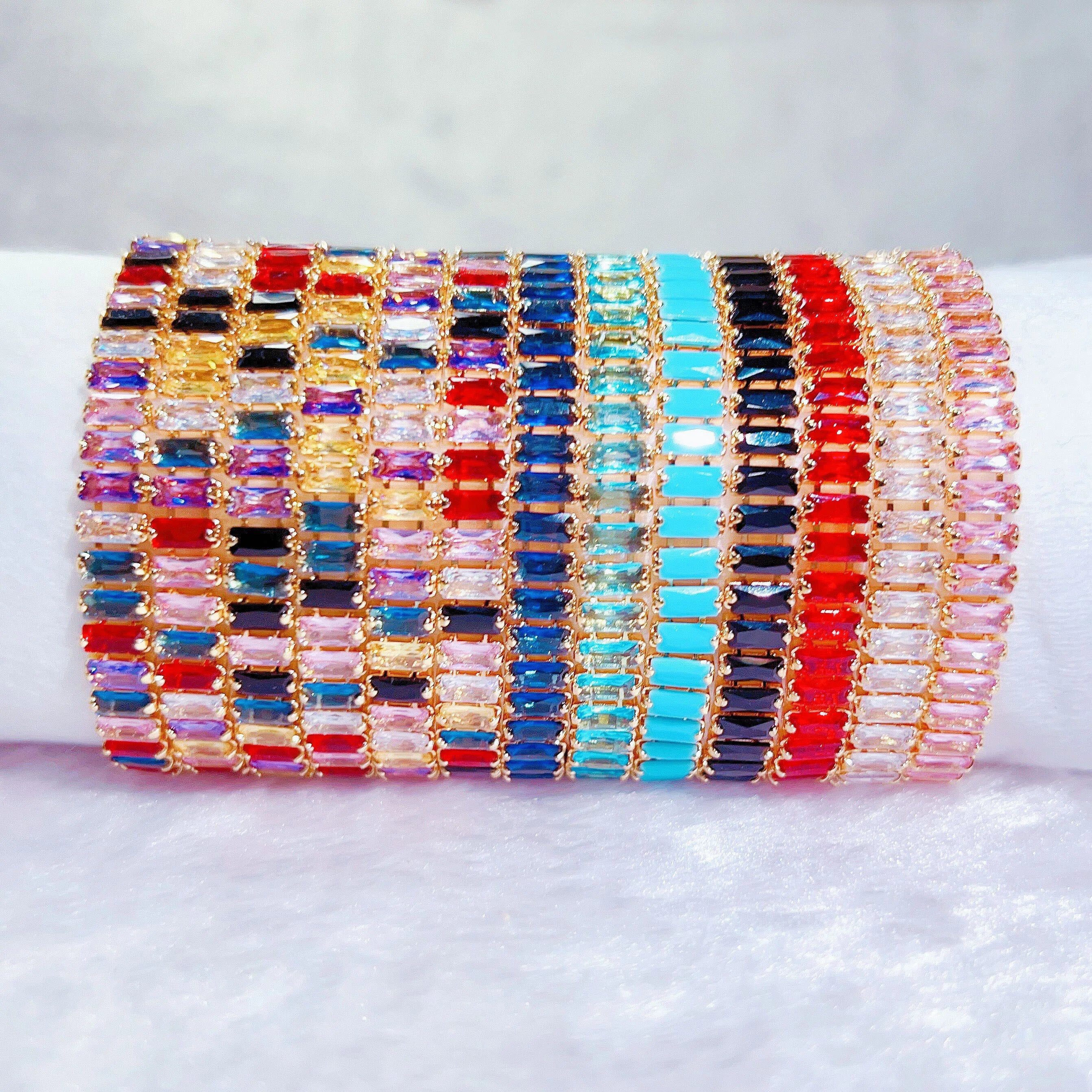 Urban Streetwear Hip Hop Jewelry Cubic Zirconia Tennis Bracelet 18k Gold Plated Rainbow Bling Artificial Diamond Tennis Bracelet
