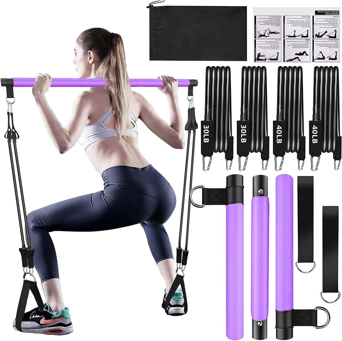 3-Section Stackable TPE Resistance Bands Pilates Bar Kit with Durable Stainless Steel Workout Equipment for Legs Hips Waist Arms