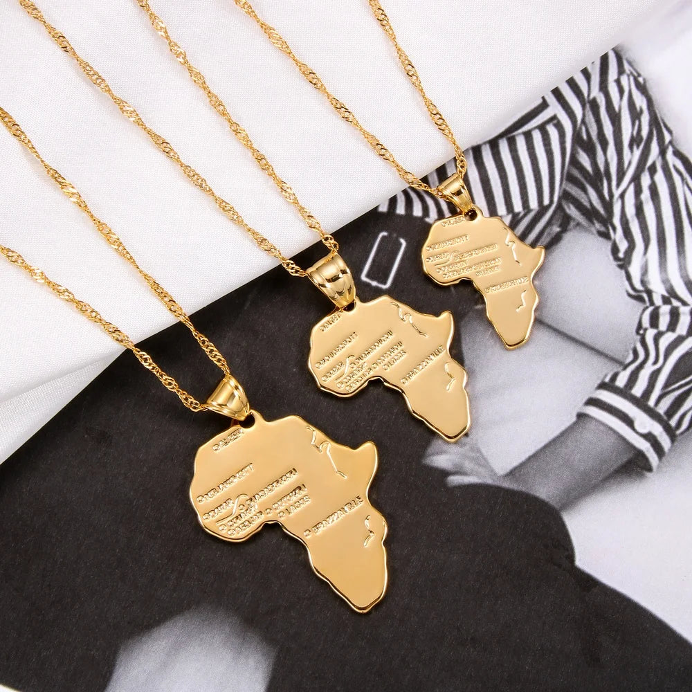 Stainless Steel Chain Necklaces Hip Hop Style Copper Africa Congo Algeria Map Pendant Necklace for Women Men Gold Color