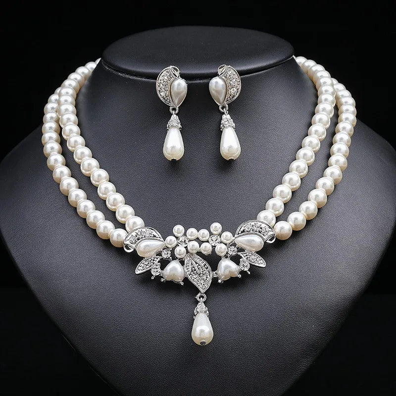 Multi-layer Pearl Diamond Necklace Earrings Set High Sense Design Fashion Temperament New Bridal Jewelry