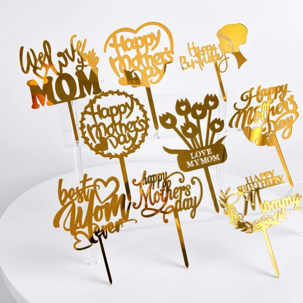 Ychon Hot Selling Happy Mother's Day Cake Toppers Acrylic Gold We Love Mom Cake Decoration Mother's Day Party Ornaments Supplies
