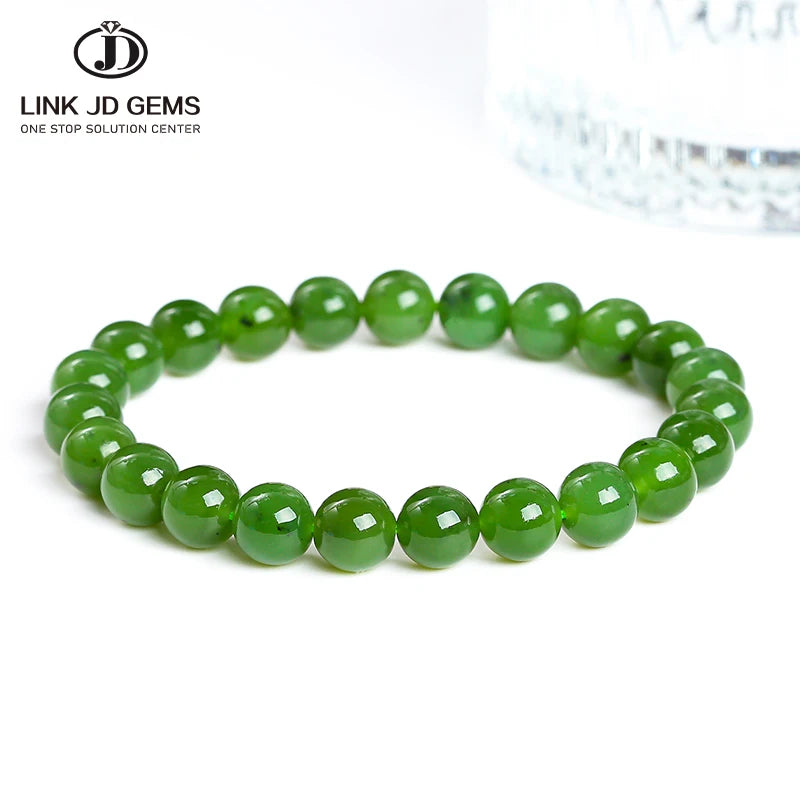 JD Vintage Elegant Exquisite Jasper Beaded Elastic Strand Bangles 6mm 8mm 10mm Natural Hetian Green Jade Stone Engagement Gift