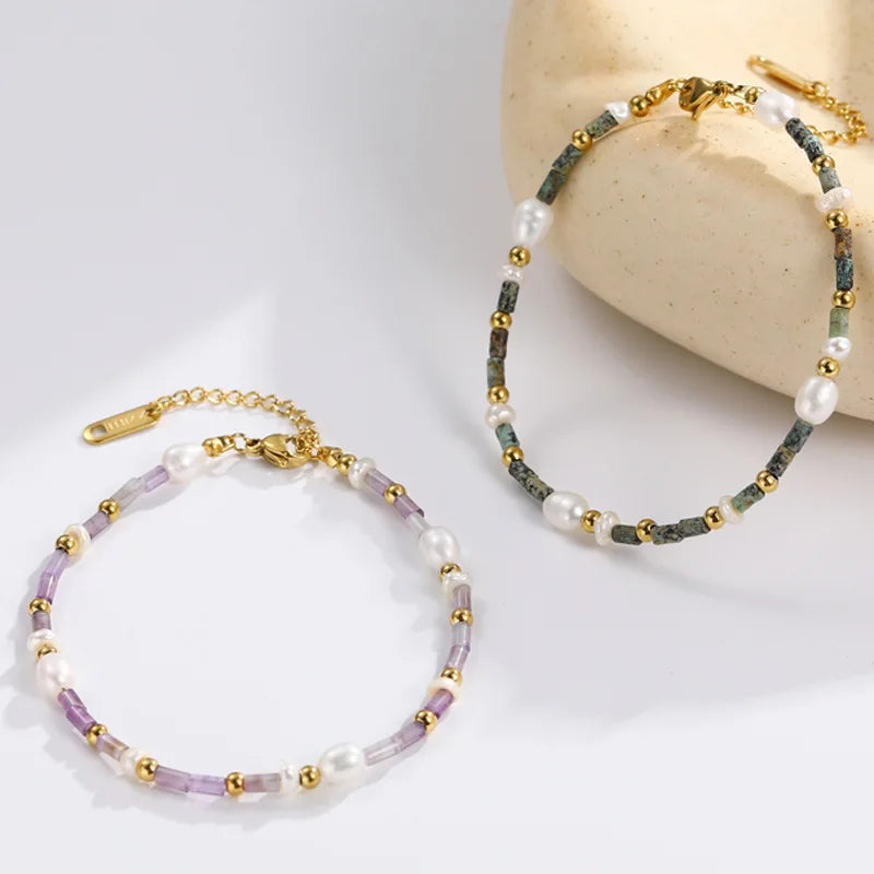Classic Fresh Water Pearl Beaded Bracelets Green Natural Stone Purple Crystal Gold Solid Bead Stainless Steel Bracelets
