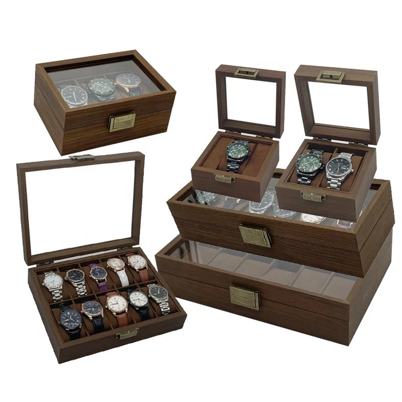 Vintage Brown Walnut Wooden Watch Box 1 2 3 6 10 12 Slots Watch Display Case for Retail Storage