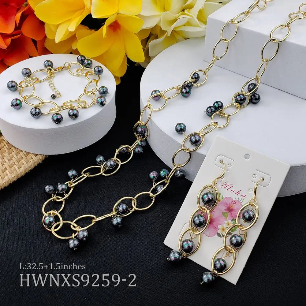 Hawaiian Gold Jewelry Necklace and Earrings Set Small Pendant Shell Pearl  Fashion Jewelry for Women Set
