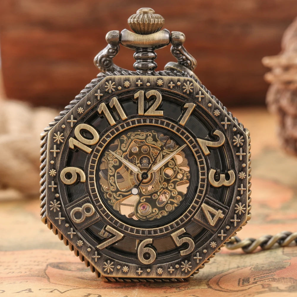 Luxury Bronze Octagonal Men Mechanical Pocket Watch Hand Wind Skeleton Steampunk Fob Watch with Chain for Gift