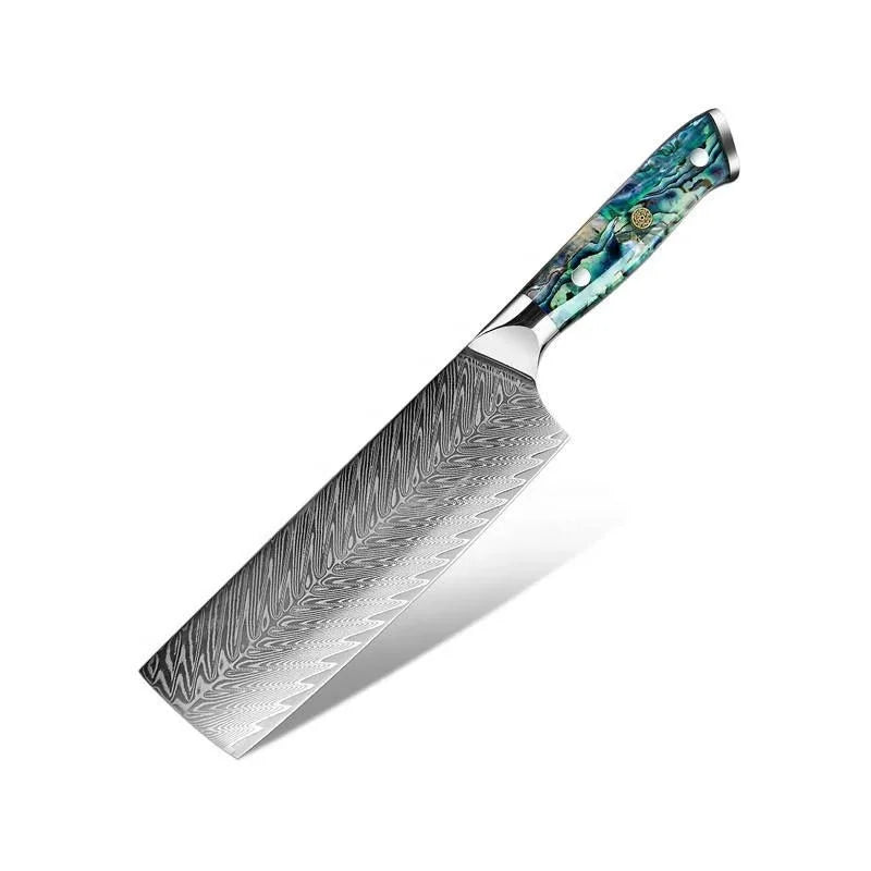 7 Inch VG10 Damascus Steel Nakiri Chef Fish Cutting Cleaver Knife with Abalone Shell Handle Kitchen Meat Cutting Knife MegaBDM