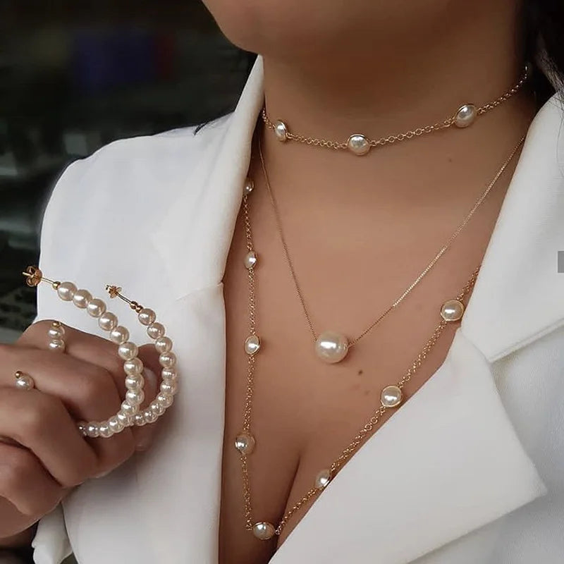 Simple Design Multi Shell Bead Pendant Gold Chain Pearl Necklace and Earrings Sets