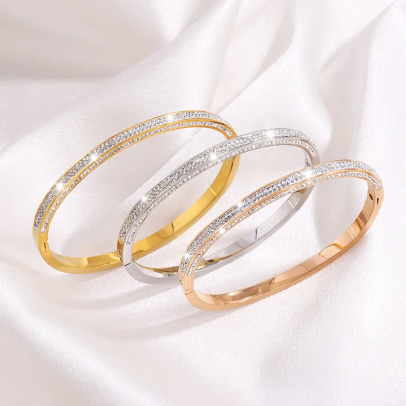 Stainless Steel Silver Plating Party Gift Featuring Gold Zircon New Design Simple CZ Crystal Bracelet Unisex Diamond Pave